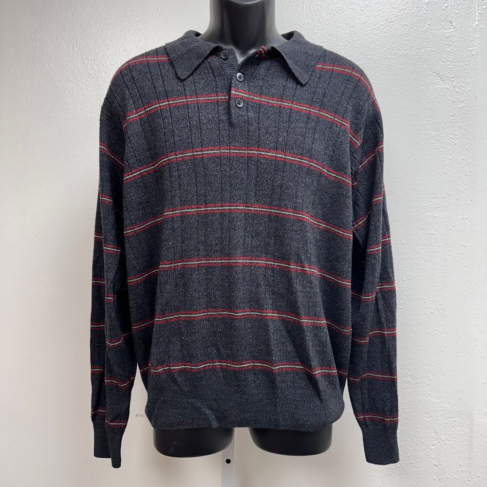 Dockers Men's Gray Collared Casual Sweater with Red Stripe Pattern - Size Medium